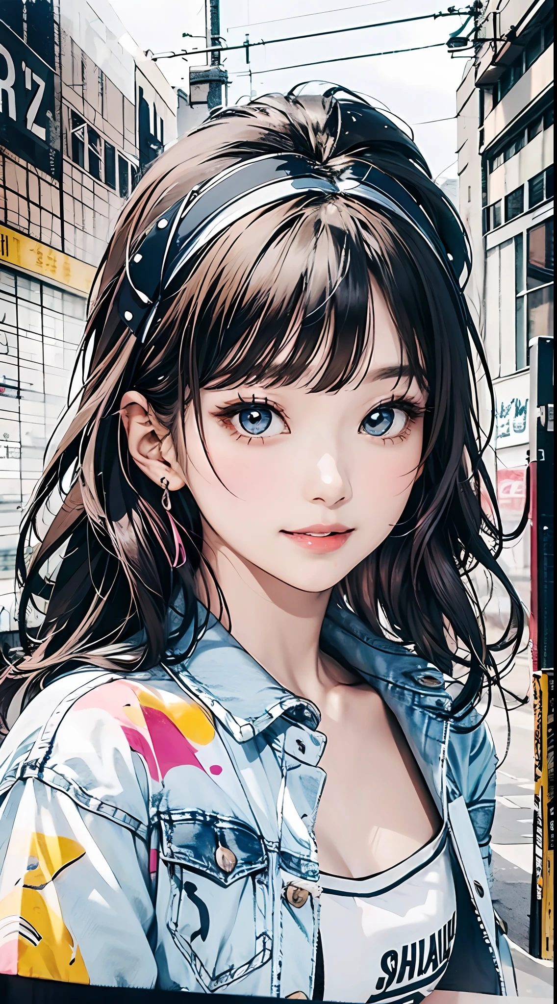 (masterpiece, top quality), beautiful woman, cute printed cropped shirt, jacket, jeans, short wavy hair, headbands, asymmetrical bangs, perfect face, beautiful face, seductive, big and colorful eyes, gentle smile, perfect slim fit body, city street, seoul, bright colors, pencil sketch, black and white