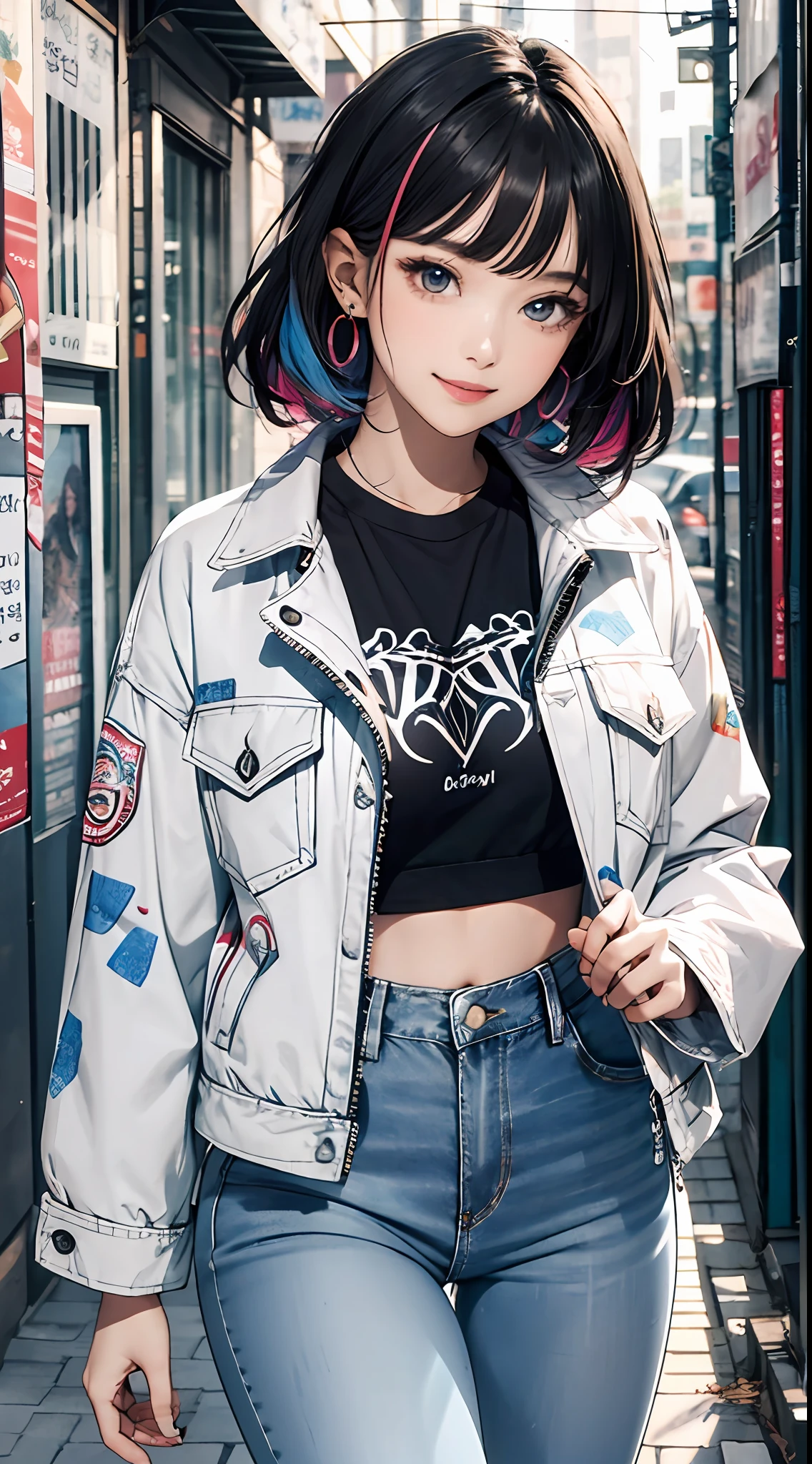 (masterpiece, top quality), beautiful woman, cute printed cropped shirt, jacket, jeans, short wavy hair, headbands, asymmetrical bangs, perfect face, beautiful face, seductive, big and colorful eyes, gentle smile, perfect slim fit body, city street, seoul, bright colors, pencil sketch, black and white