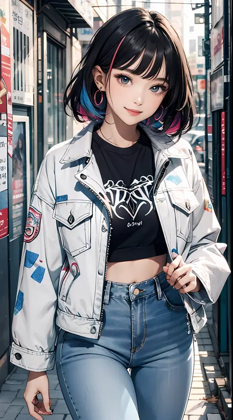 (masterpiece, top quality), beautiful woman, cute printed cropped shirt, jacket, jeans, short wavy hair, headbands, asymmetrical...