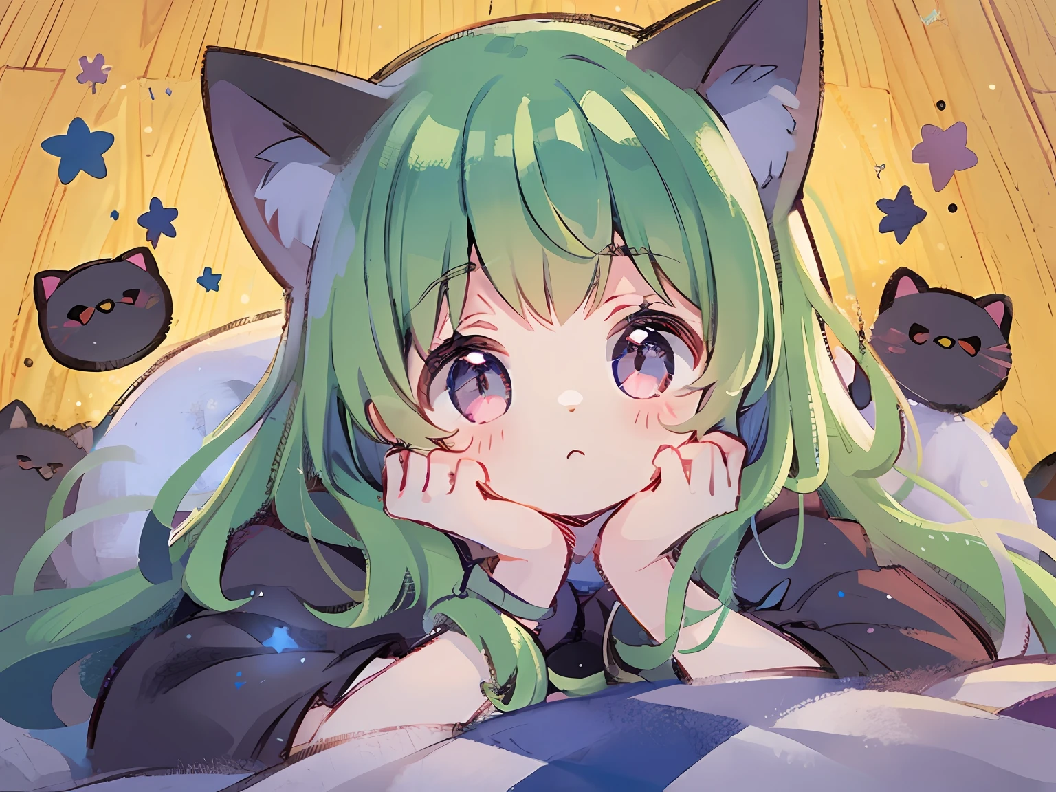 Top quality, masterpiece, super high resolution, pretty facial features, flat design, yellow theme,
One girl, light beige hair, indigo eyes, (sleepy eyes: 1.1), (cute yellow night dress), cute, one hand on face, bedtime, disheveled long hair, green hair, cat ears
(simple dark background), giant stars shining in the dark, bedroom, cure, ziyu,