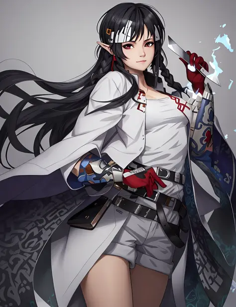 anime girl with long black hair and white shirt holding a knife, albedo from the anime overlord, albedo from overlord, guweiz, a...