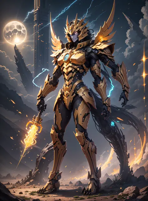 1 demon, emperor of darkness, detailed eyes, detailed face, detailed skin, mature body, tall body, seductive body, whole body, desert BREAK and pyramid bottoms, holding only a holy sun scepter, phoenix dragon in the sky, highly saturating sun rays, holy ce...