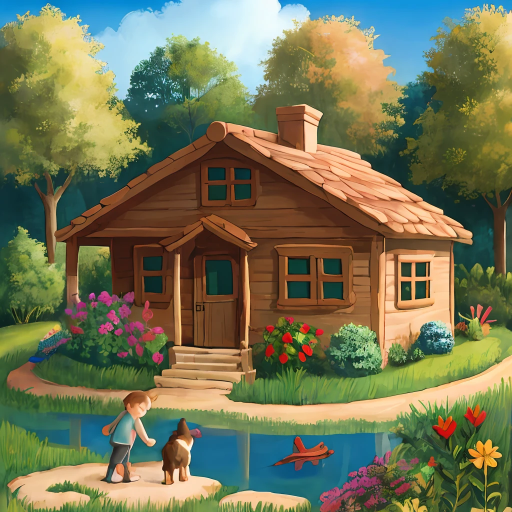 带有房子的粘土景观, 背景是一个池塘，旁边有一个玩球的小狗, 房子附近