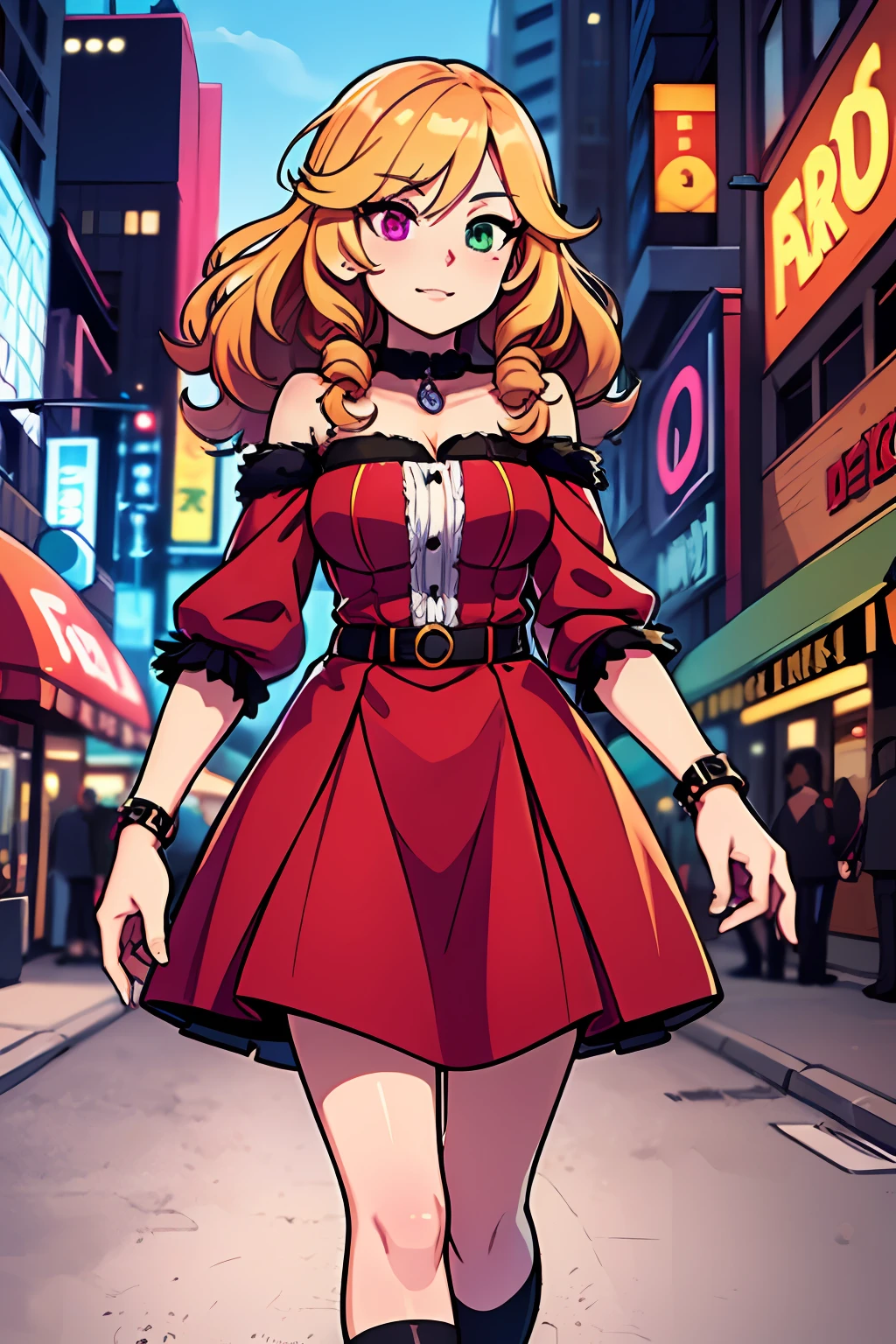 high resolution, professional lighting, a woman in a red dress walking down a street, light novel cover art, heterochromia, ssr card, curly copper colored hair, very very curly blond hair, friendly art, cowgirl, height 178, tablecloth, 10, tcg, iowa, city street, fleurfurr, masterpiece, best quality