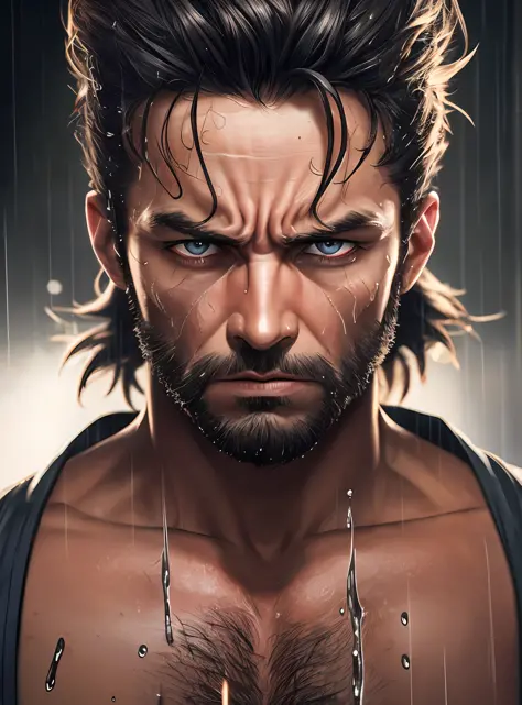 Wolverine bearded, front, frontal, sweaty, tired face, muscular, indignant, wet, training, Camera away, (focus sharp:1.2), an award-winning photo of a struggling fighter, portrait, drops of water, expression of tiredness , 30 years old, storm outside, ligh...