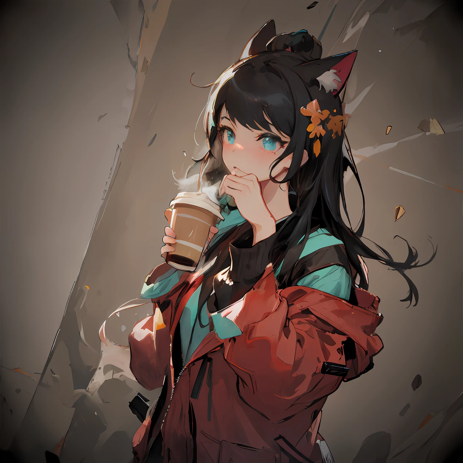 anime girl with a cup of coffee and a cat ear, artgerm and atey ghailan, artwork in the style of guweiz, kawacy, painted in anime painter studio, guweiz on artstation pixiv, guweiz on pixiv artstation, anime moe artstyle, guweiz, ross tran style, anime style 4 k, pink jacket, pink, cute, coffee