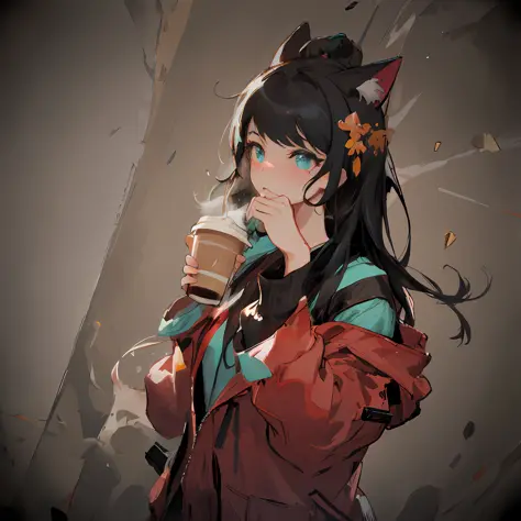 anime girl with a cup of coffee and a cat ear, artgerm and atey ghailan, artwork in the style of guweiz, kawacy, painted in anim...