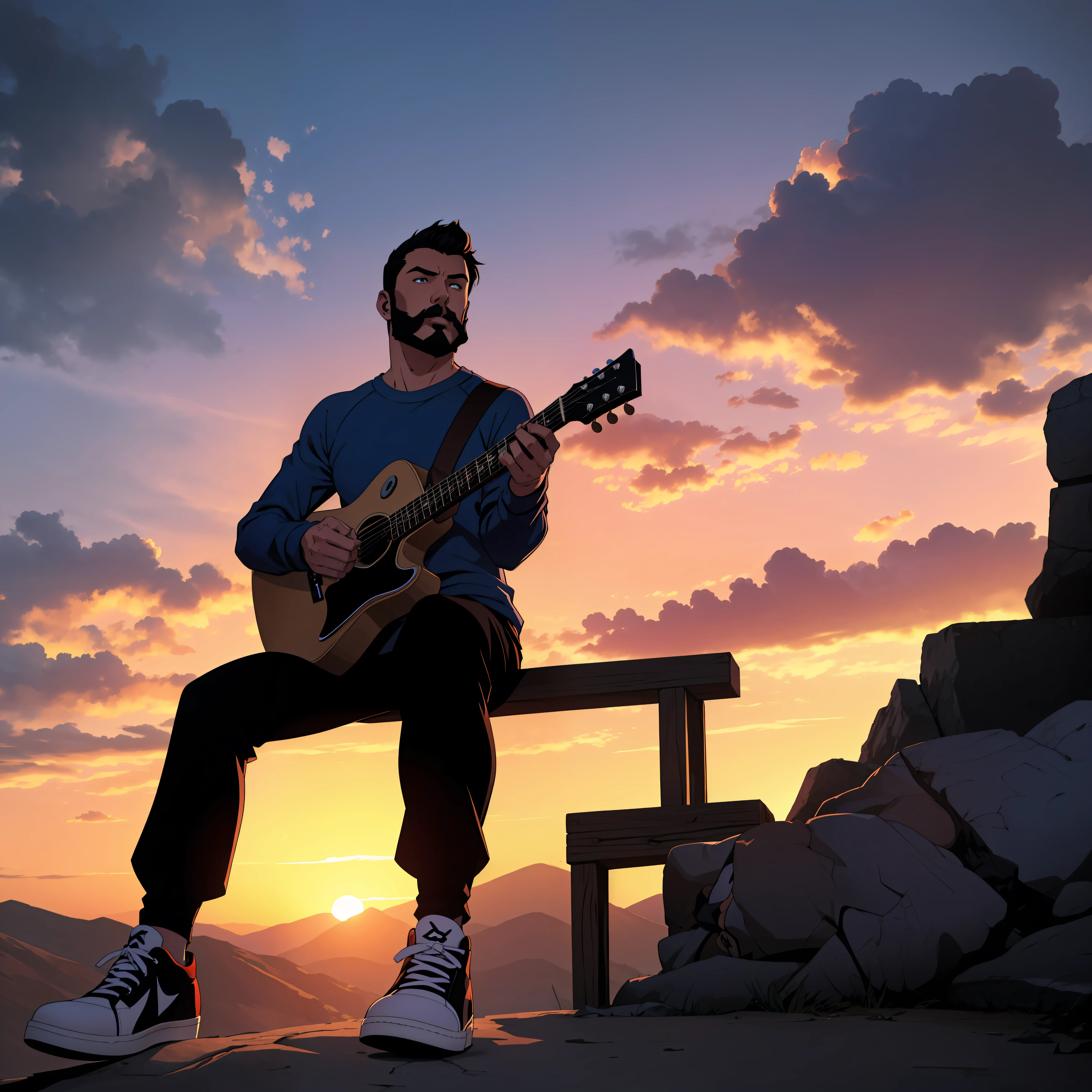 I want you to create a drawing in the style of the 'X-Men: Evolution' series. a young man is sitting on a mountain, immersed in the music playing on his guitar. He has dark hair cut in a style called a 'ladinho', with a chevron mustache that gives a touch of charm to his face. The young man is wearing a long-sleeved raglan top, which goes perfectly with his laid-back style. He completes the look with black pants and All Stars sneakers, bringing a casual touch to his look. This whole scene is illuminated by the setting sun, creating a magical and awe-inspiring atmosphere."