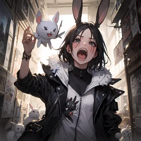 anime character with bunny ears holding a stuffed animal in a city, artwork in the style of guweiz, kawacy, from arknights, guwe...