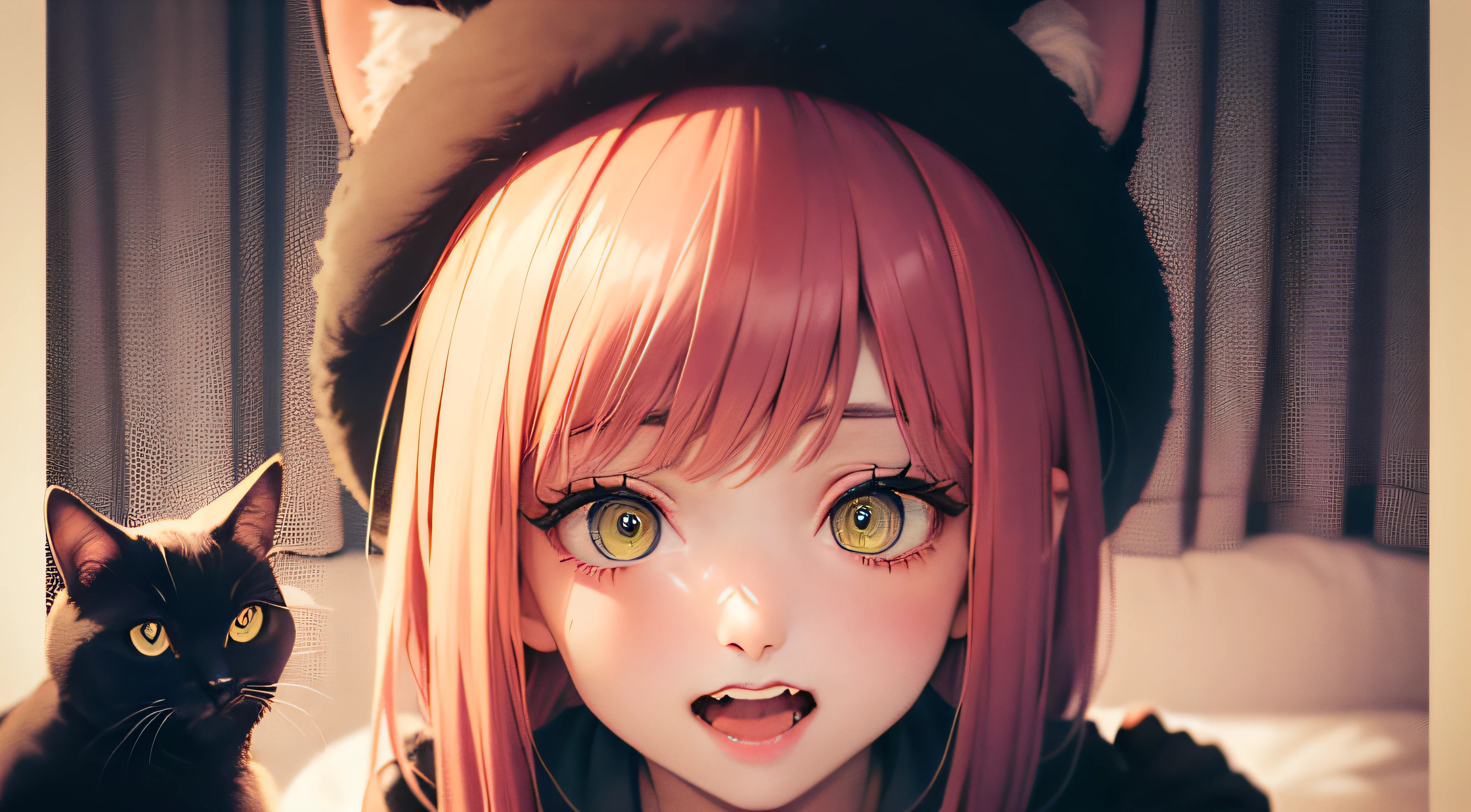 An anime girl with pink hair an디 green eyes with a surprise디 expression on her face an디 a black cat hat, (여자 1명:0.992), (:디:0.583), (앞머리:0.701), (붉히다:0.584), (녹색 눈: 0.992), (Looking at the Au디ience: 0.711), (입을 벌리다: 0.760), (분홍색 머리: 0.917), (리본: 0.826), (짧은 머리: 0.571), (웃다: 0.855), (홀로: 0.949), (이: 0.770), (Upper Bo디y: 0.760)
