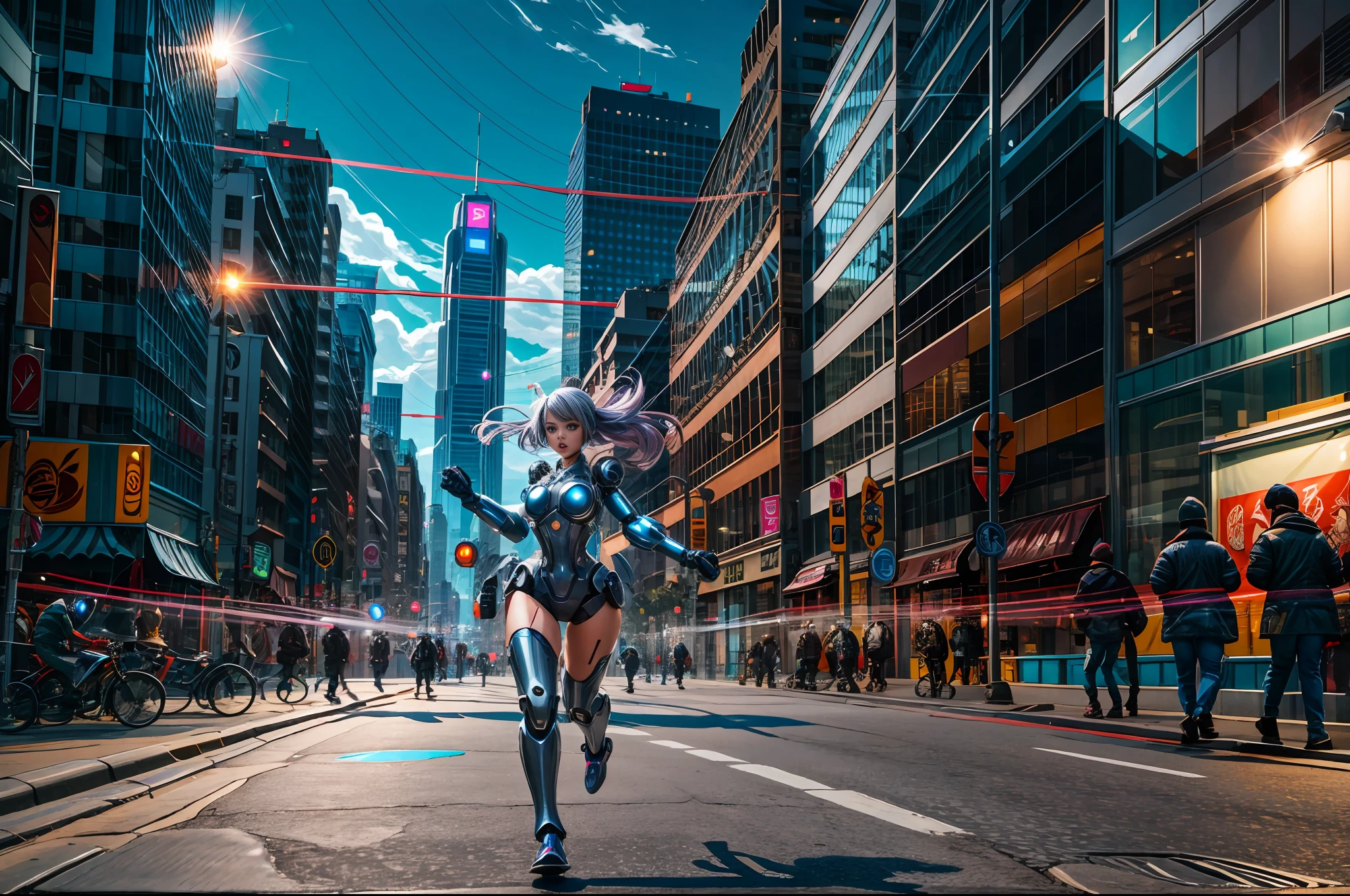 Sexy robot android girl cyborg, vivid street lined with lively buildings crowded with people, cyborg running through the street, f/1.2, depth of field, motion blur,