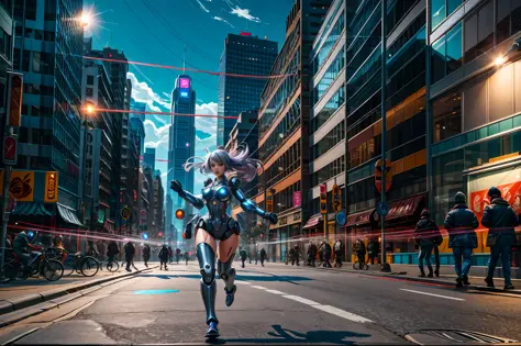 sexy robot android girl cyborg, vivid street lined with lively buildings crowded with people, cyborg running through the street,...