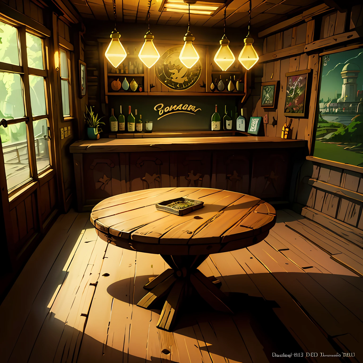 (animé setting) ,(art numérique), (animé), animé style art numérique, rustic wooden table avec des ornements dorés, paysage, an animé-style bar table, Peinture plus simple et plus plate, bois beau et rustique, avec des ornements dorés