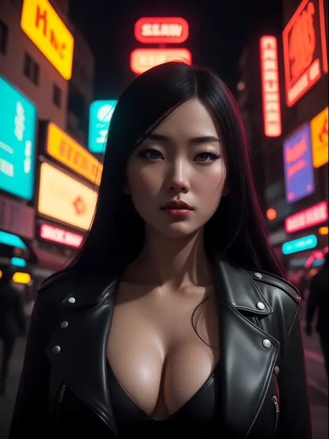 Close-up, a gorgeous Japanese woman with huge breasts in a dystopian city with neon signs and holograms projected onto buildings and the sky, sucking on a strawberry ice cream, lipstick, punk leather clothing, tattoos, long straight black hair, day. cyberp...