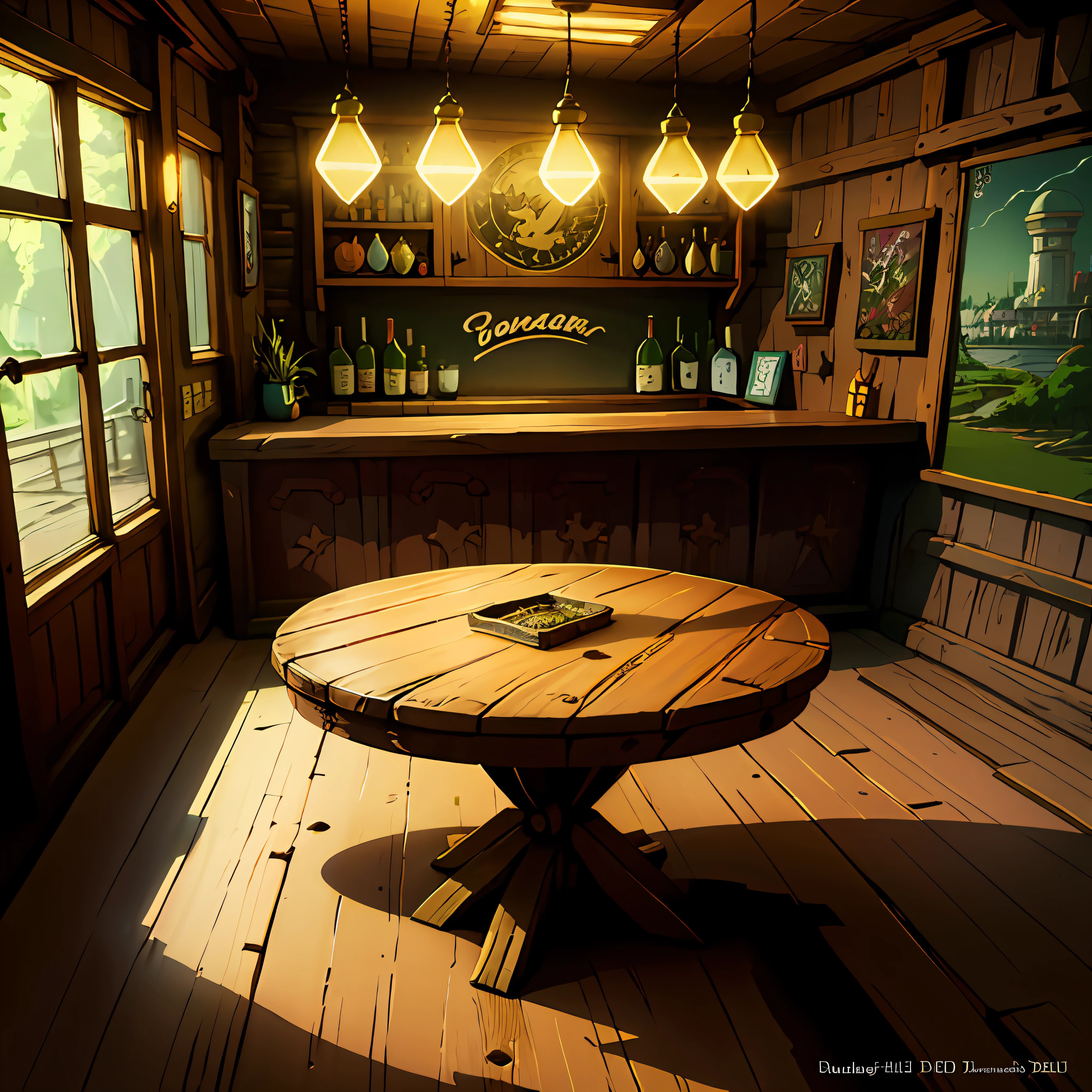 (cenário anime) ,(arte digital), (anime), anime style arte digital, rustic wooden table com adereços dourados, cenário, uma mesa de bar estilo anime, pintura mais simples e plana, madeira bonita e rústica, com adereços dourados