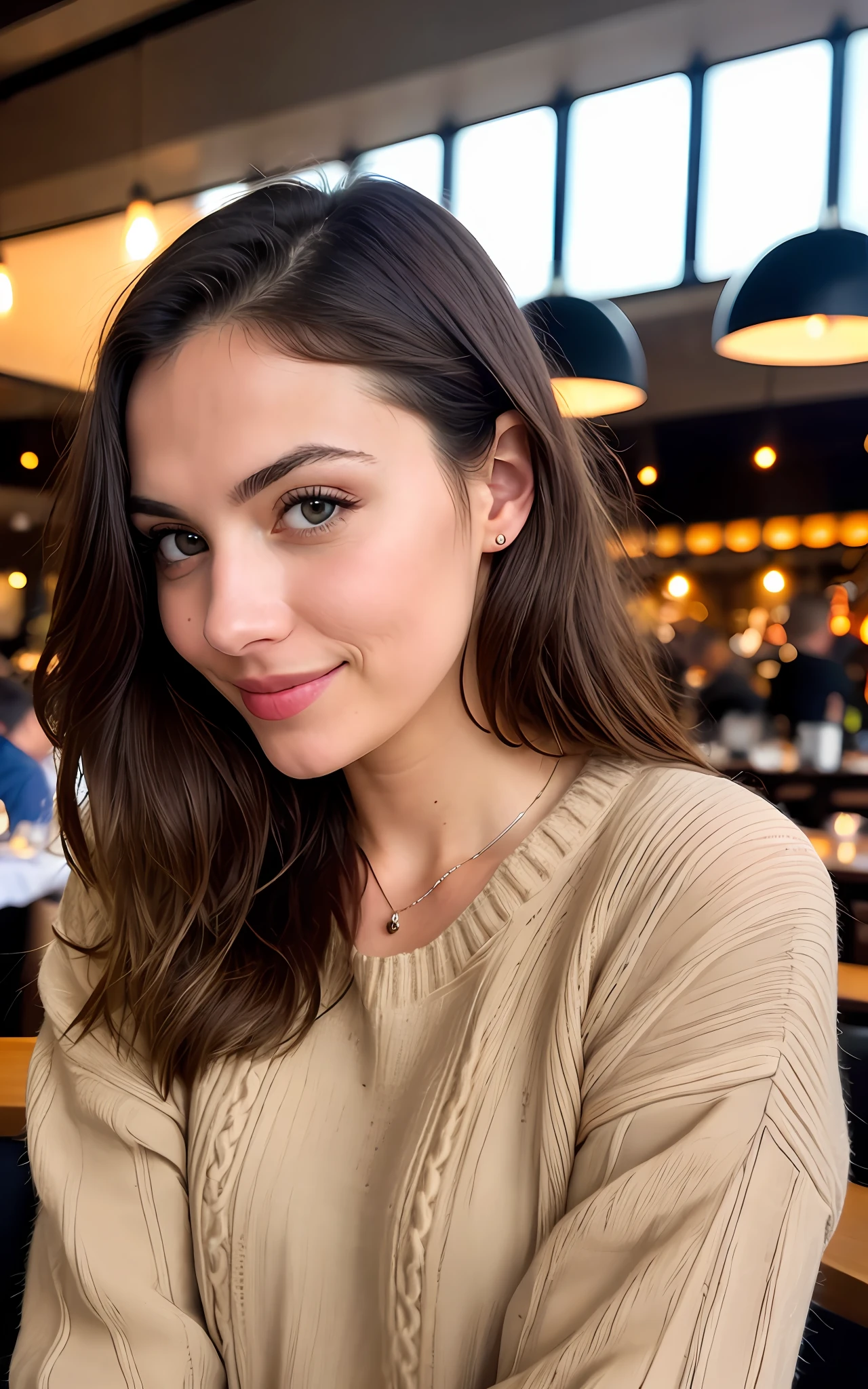 Linda morena vestindo suéter bege (almoçando em um restaurante moderno), Muito detalhado, 40 anos, rosto inocente, cabelo longo, ondulado natural, olhos azuis, alta resolução, Obra de arte, melhor qualidade, Detalhes intrincados, altamente detalhado, foco nitído, pele detalhada, realista skin textura, textura, olhos detalhados, profissional, 4K, Sorriso charmoso, Filmado em Canon, 85 mm, Profundidade superficial de campo, cor da visão kodak,  corpo em forma perfeita, extremamente detalhado, foto_\(ultra\), photorealista, realista, Pós-processamento, detalhe máximo, rugosidade, Vida real, ultra realista, fotorrealismo, fotografia, 8k hd, fotografia