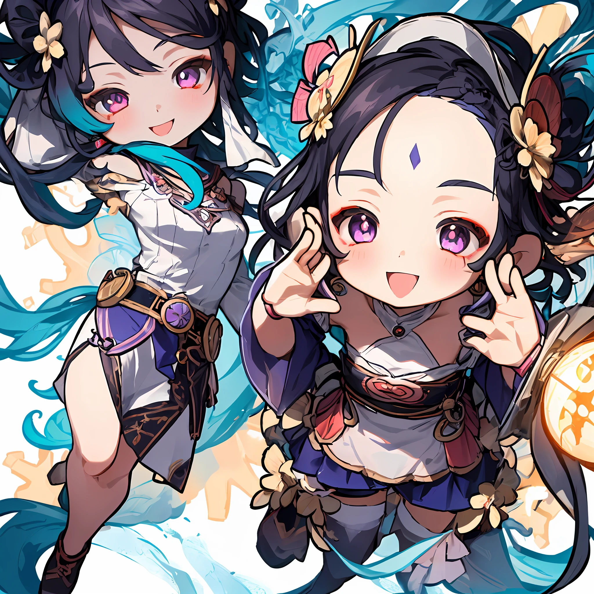 ((chibi)),(1girl), masterpiece, best quality, super fine illustration with highly detailed beautiful face, looking at the viewer, belt, close up, looking at the viewer, 8k, high resolution, blush, pov, double ponytail hair, white background, simple background, thick outline, purple eyes, smiling emoji, (black hair)