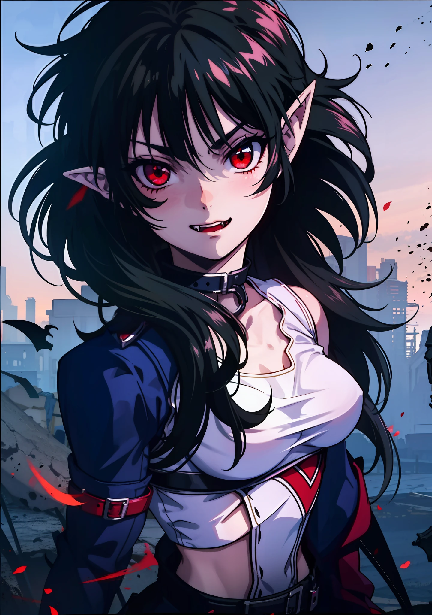 Girl,pointy ears,red eyes,dressed in armor,vampire,4k,black hair