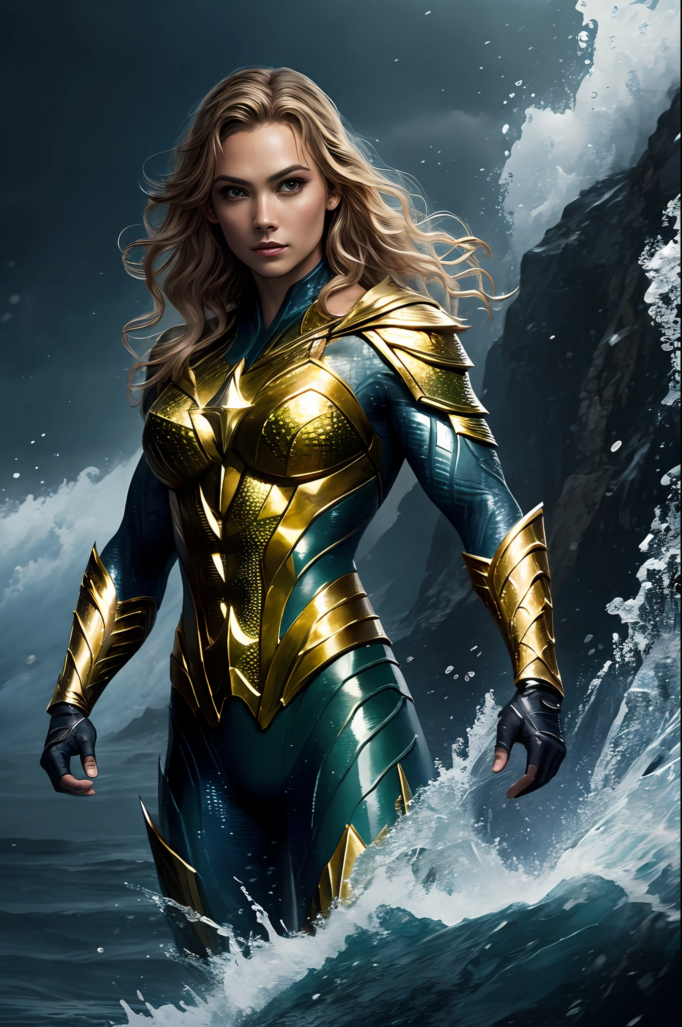 (16k, foto en bruto, mejor calidad, Obra maestra: 1.2), ultra detallado, formal art, photorealism: 1.37, foto de la parte superior del cuerpo, mujer ((japonés)) ,( superhéroe belleza aquaman dc, grano de la película, pose de acción,detalles de ojos claros