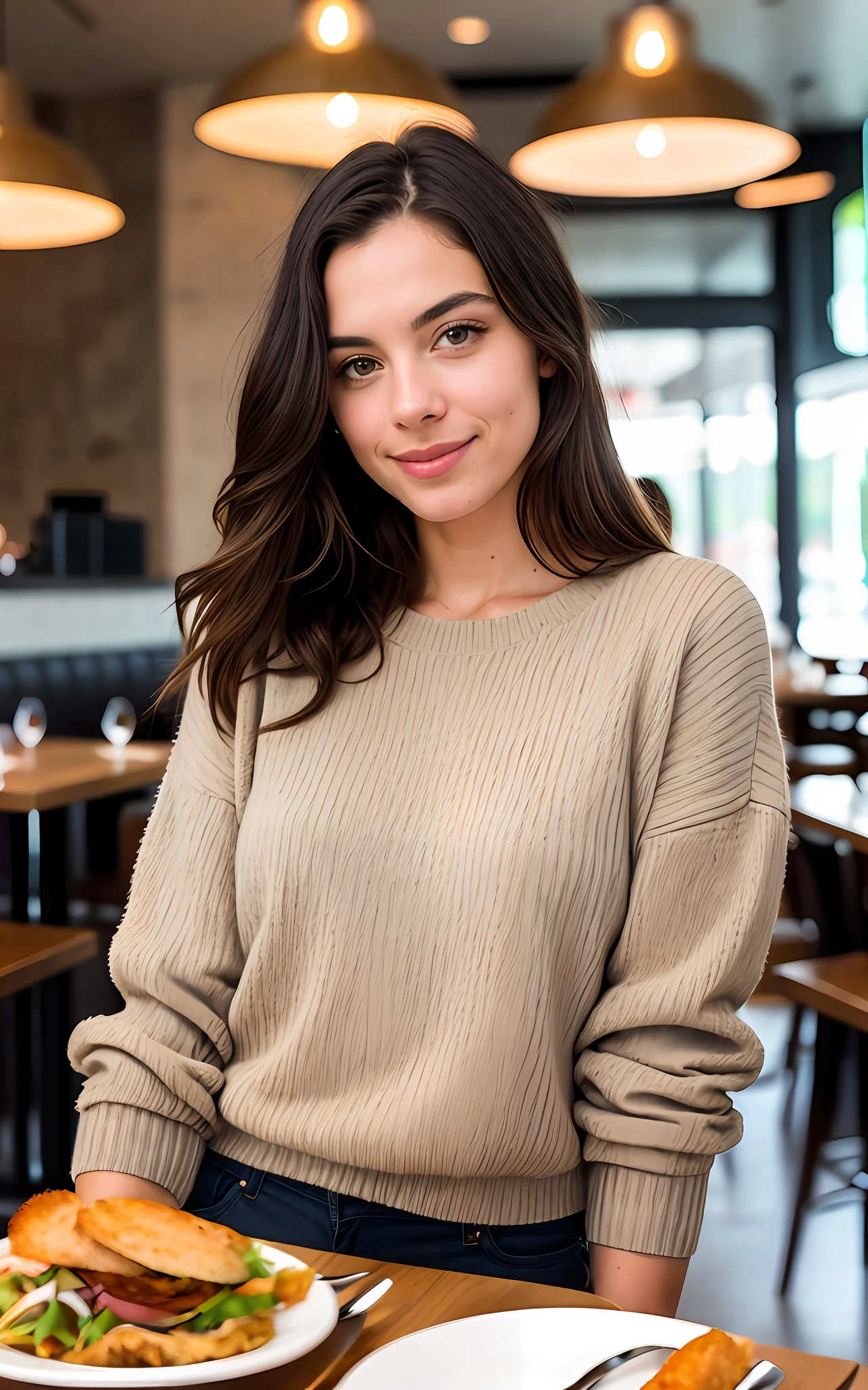 beautiful brunette wearing beige sweater (having lunch inside a modern restaurant), very detailed, 40 years, innocent face, long hair, natural wavy, blue eyes, high resolution, masterpiece, best quality, intricate details, highly detailed, sharp focus, detailed skin, realistic skin texture, texture, detailed eyes, professional, 4k, charming smile, shot on Canon, 85mm, shallow depth of field, kodak vision color,  perfect fit body, extremely detailed, foto_\(ultra\), photorealistic, realistic, post-processing, maximum detail, roughness, real life, ultra realistic, photorealism, photography, 8k uhd, photography