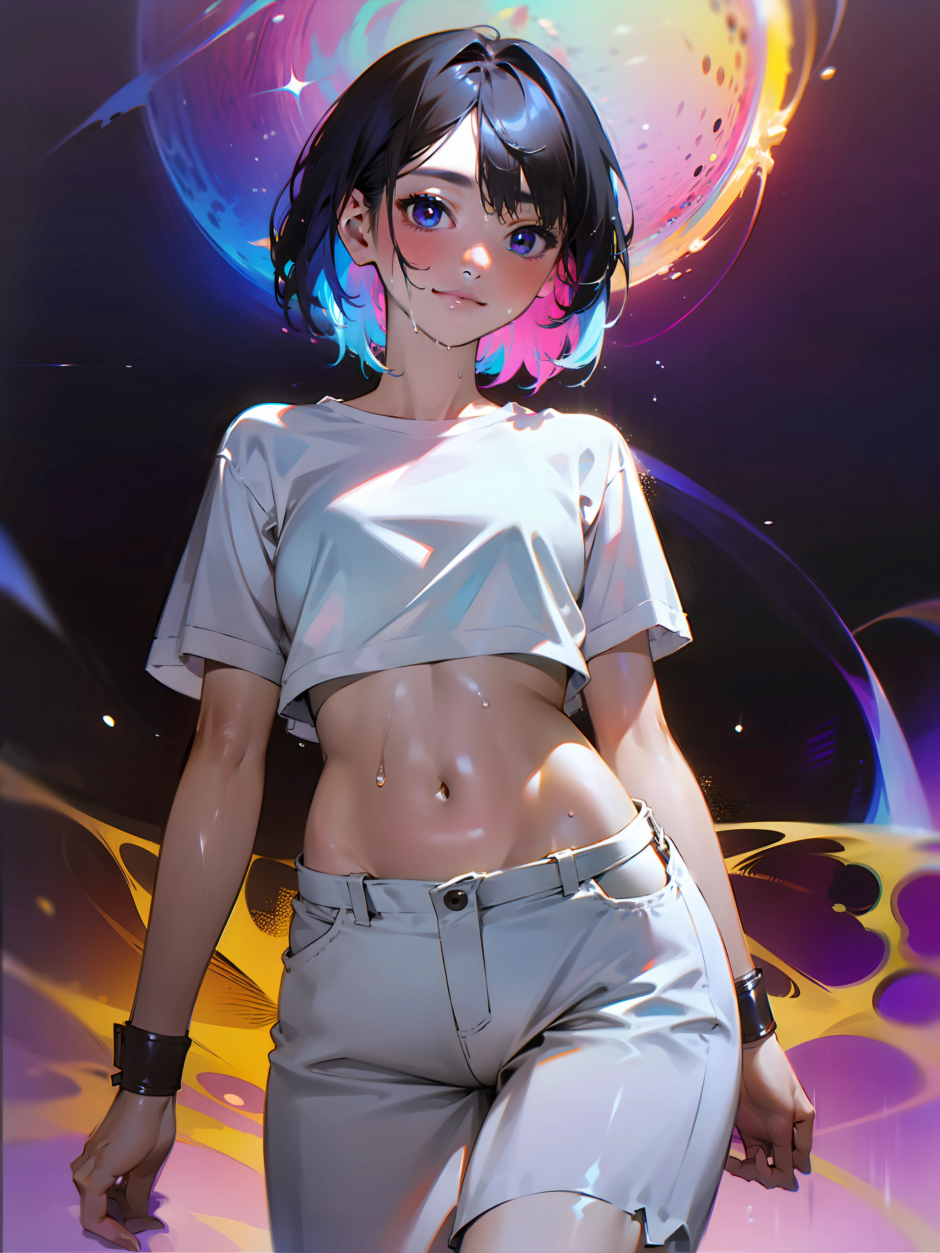 Anime girl with blue eyes and a white shirt and silver shorts - SeaArt AI