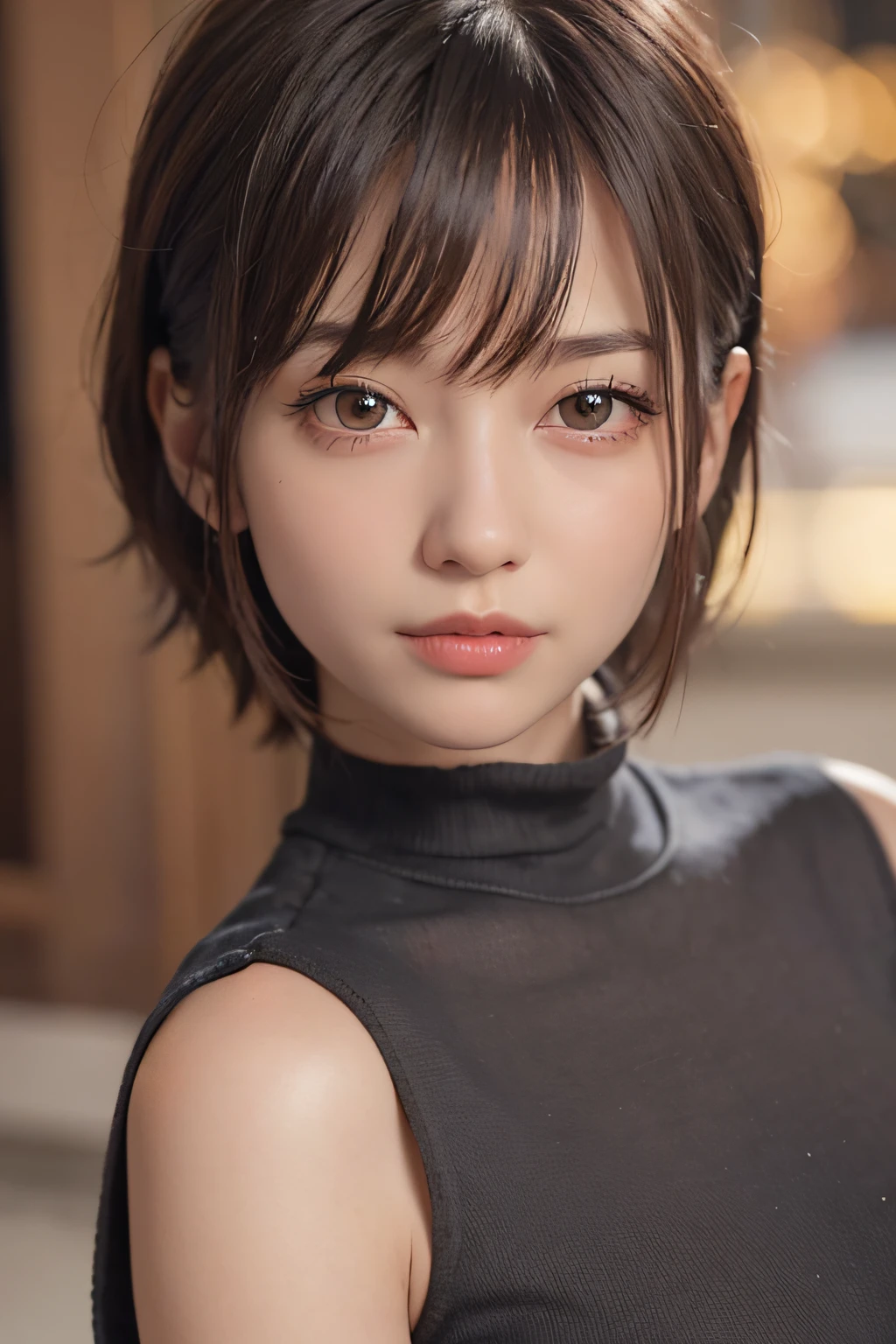 arafed woman with a black shirt and a black top, with short hair, soft portrait shot 8 k, kawaii realistic portrait, high quality portrait, portrait cute-fine-face, short brown hair and large eyes, cute natural anime face, realistic. cheng yi, 8k artgerm bokeh, sakimichan, sakimi chan