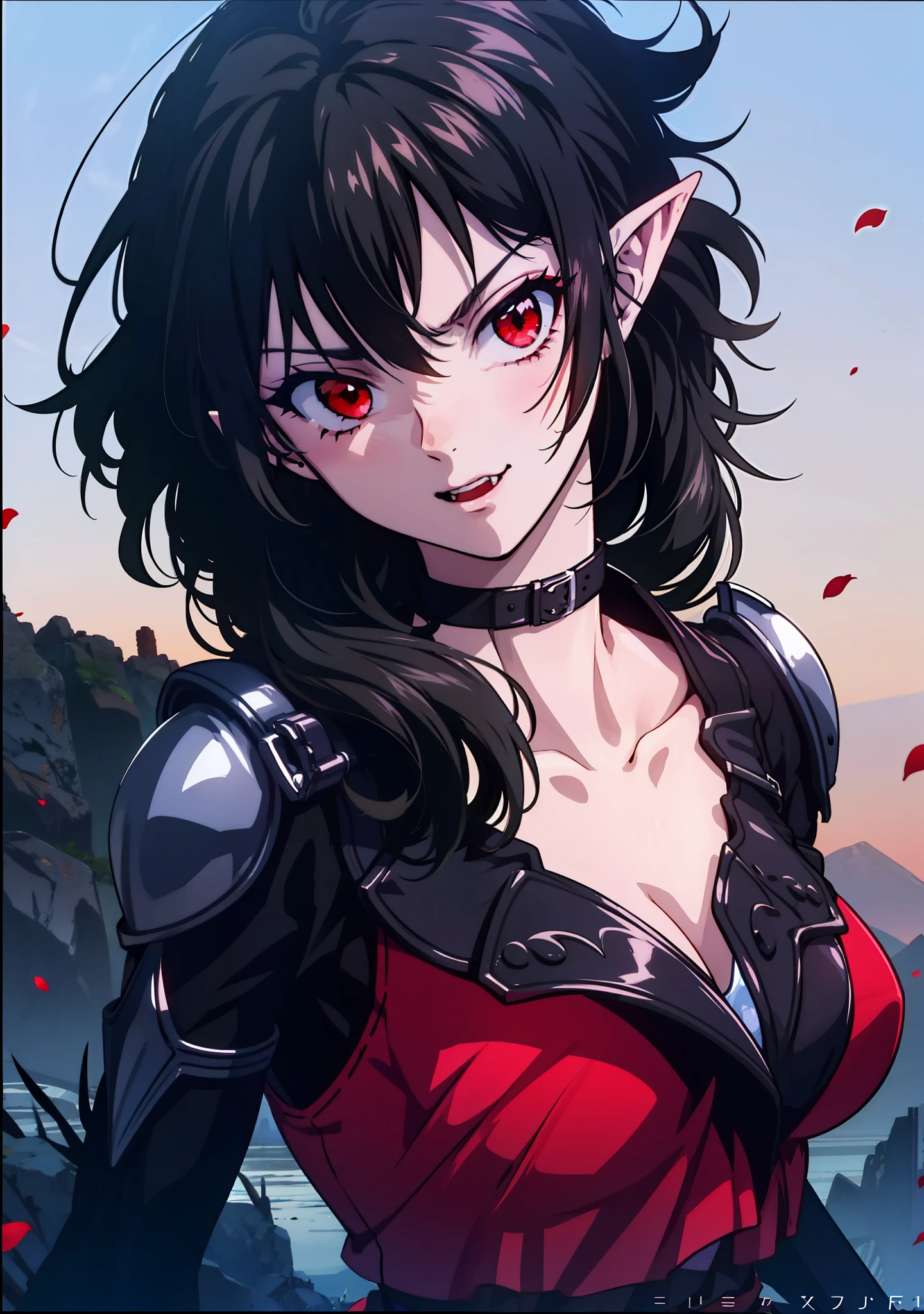 Girl,pointy ears,red eyes,dressed in armor,vampire,4k,black hair