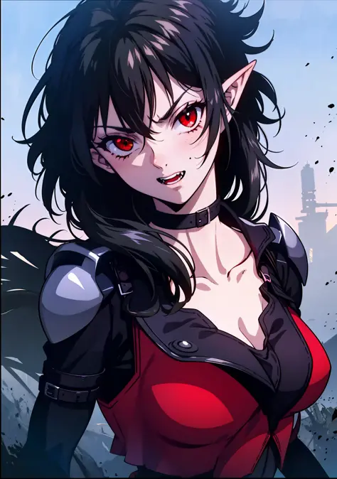 Girl,pointy ears,red eyes,dressed in armor,vampire,4k,black hair