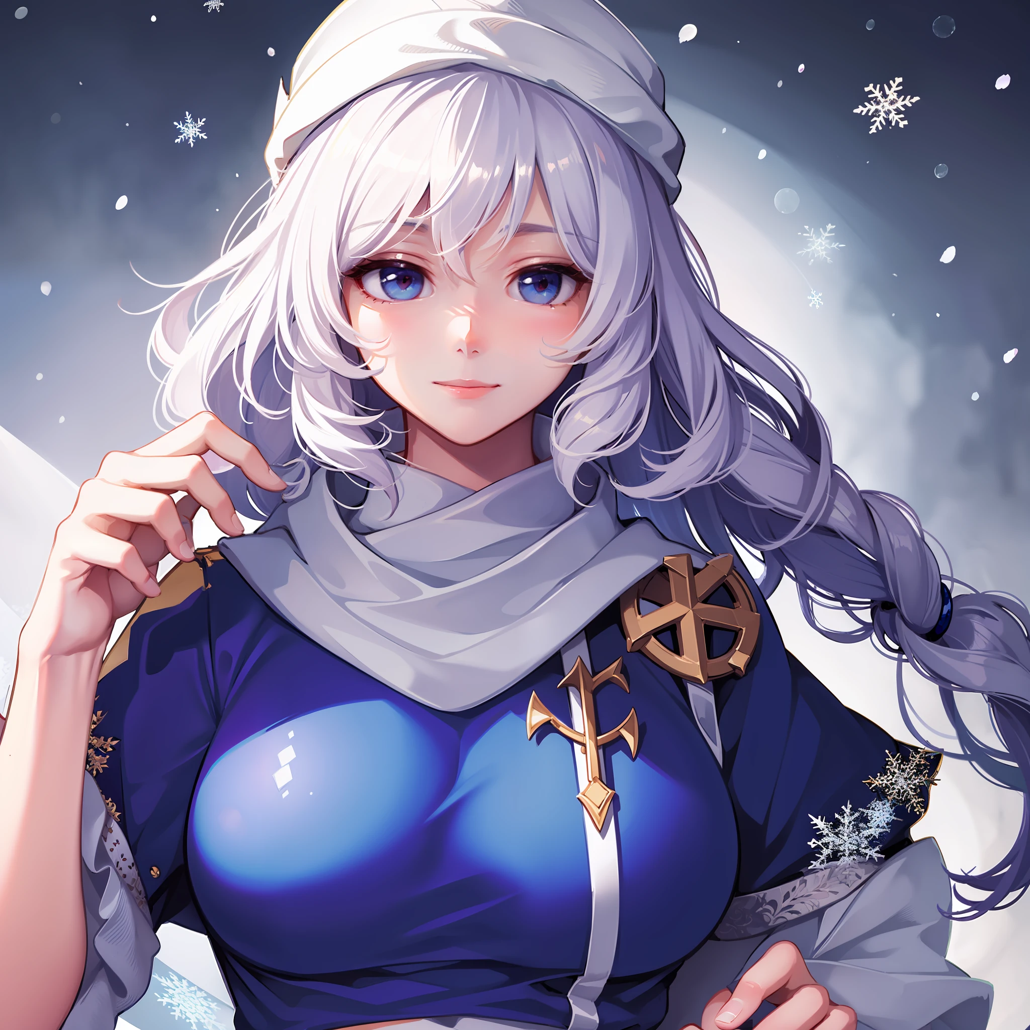 bright colors, girl, masterpiece, sharp focus, best quality, pretty eyes, pretty face, empty eyes, mauve hair, one girl, solo, wavy hair, big breasts, nice hands, perfect hands, smiling , in the viewer you are looking for, detailed costumes, snowflakes, snowy backgrounds, prisms