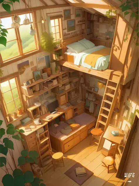 there is a room with a bed, a desk, and a ladder, cottagecore!!, anime background art, anime scenery concept art, bedroom in studio ghibli, ghibli studio style, studio ghibli aesthetic, cute detailed artwork, interior background art, cozy home background, ...