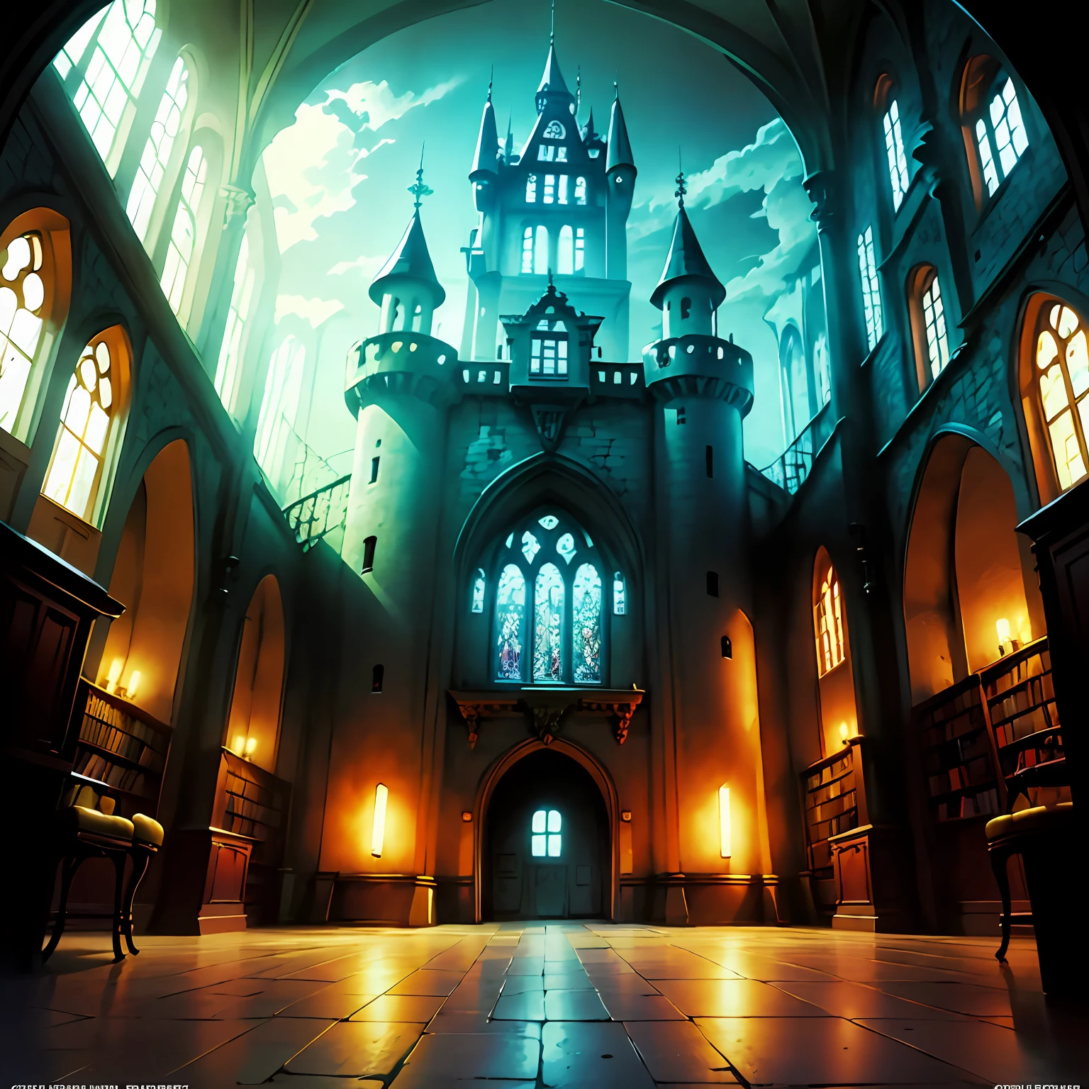 (Anime-Serie setting) ,(digital art), (Anime-Serie), Anime-Serie style digital art, Schlosssaal,m Schloss goldene Verzierungen, Landschaft, an Anime-Serie castle seen from within, einfachere und flachere Malerei, Schlosskorridor, mit goldenen Verzierungen, Schlosssaal, Schlossbibliothek, SCHLOSS MIT BUNTEN GLASMALEREI