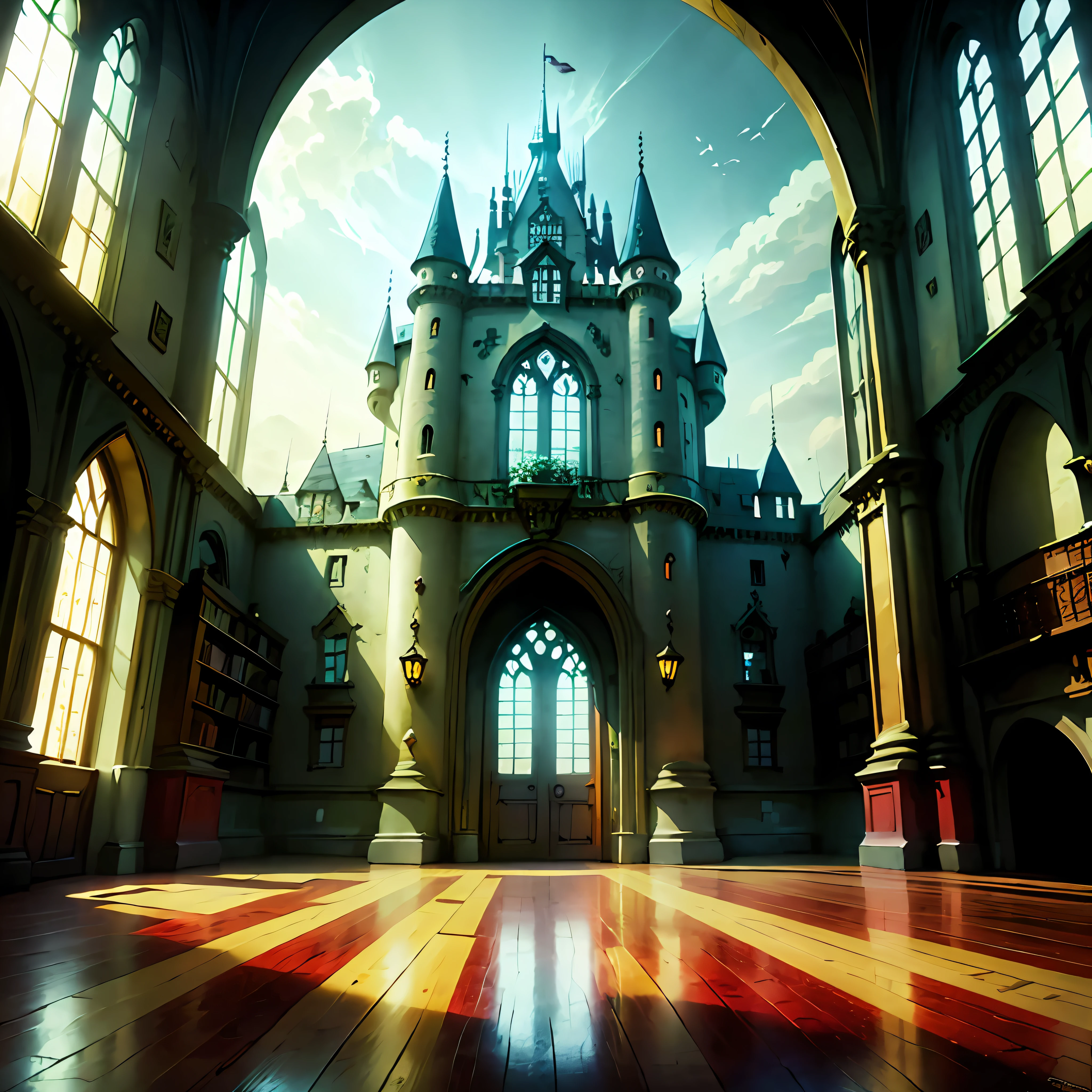 (anime setting) ,(digital art), (anime), anime style digital art, castle hall,m castle golden adornments, scenery, an anime castle seen from within, simpler and flatter painting, castle corridor, with golden adornments, CASTLE HALL, CASTLE LIBRARY, CASTLE WITH COLORFUL STAINED GLASS