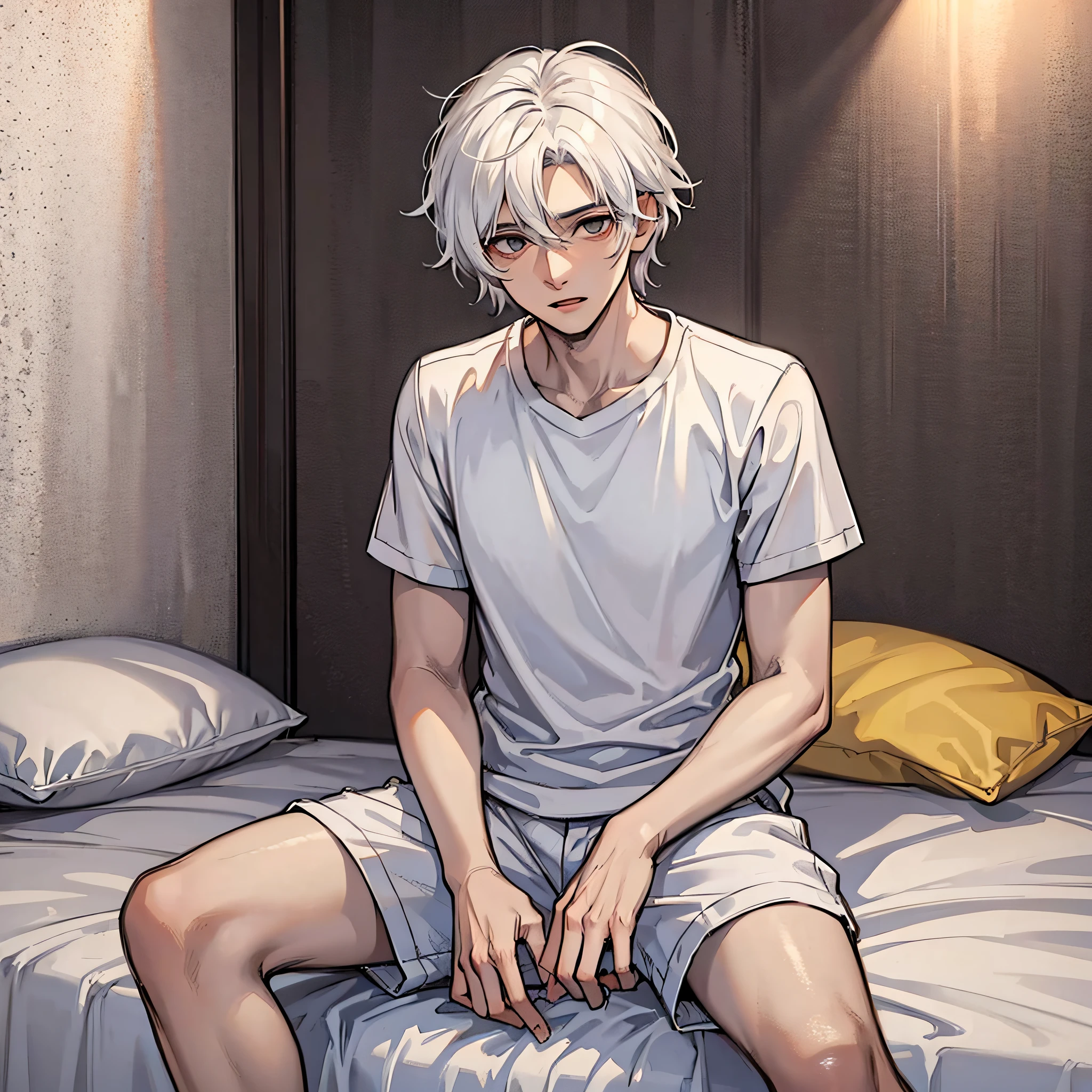 A young man in white short sleeves, white hair and a speechless expression, sat on the edge of the bed