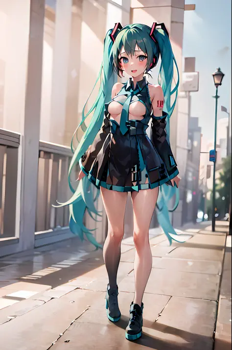 1 girl, Hatsune Miku, breastless clothes, breasts out, masterpiece, best quality, full body plastic raincoat