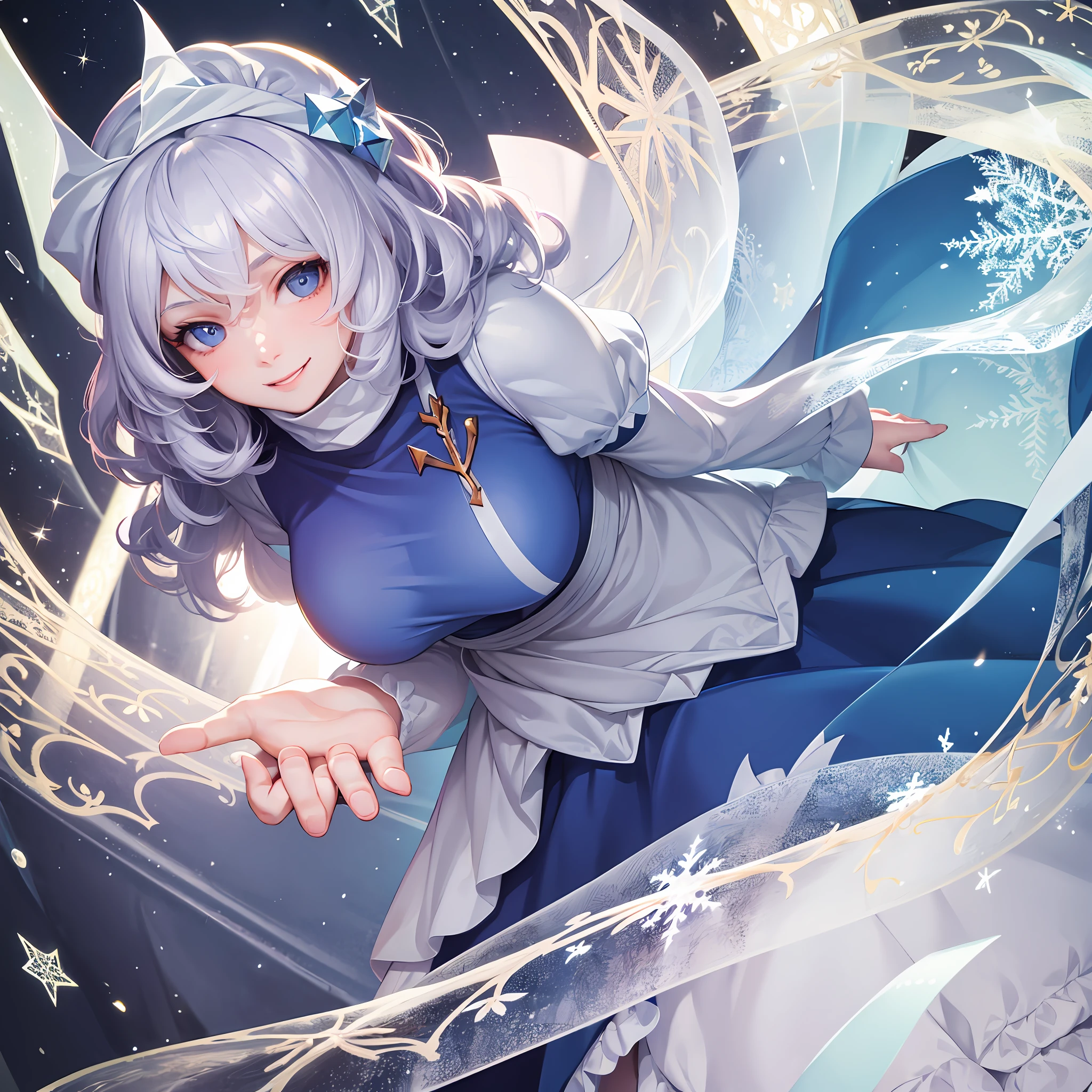 bright colors, girl, masterpiece, sharp focus, best quality, pretty eyes, pretty face, sky eyes, mauve hair, one girl, solo, letty white locks, short hair, bob hair, wavy hair, big breasts, Nice hands, perfect hands, smiling, looking viewer, detailed outfit, snowflakes, snowy background, prism