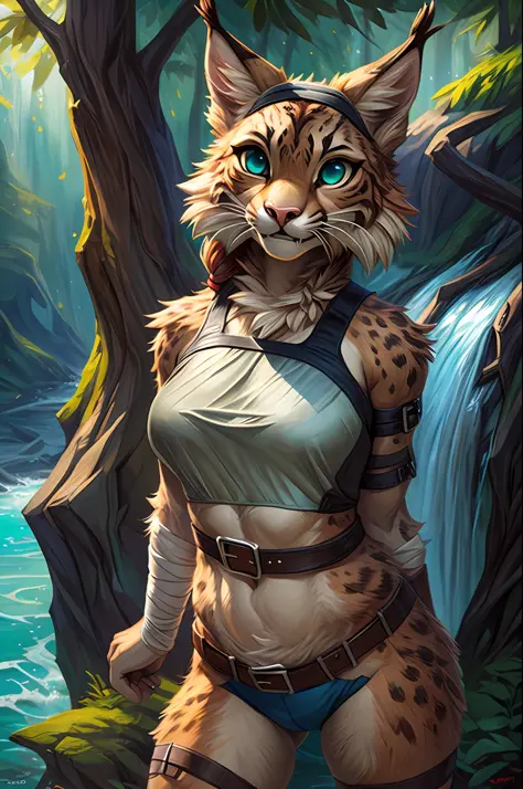 uploaded on e621, by Pixelsketcher, by Bayard Wu, by Thomas Benjamin Kennington , by Einshelm, (realistic:1.2),  real life, shadow, jade the bobcat, lynx, female, furry anthro, cat ears, red headband, pink nose, (detailed clear aqua eyes),  fangs, beige br...