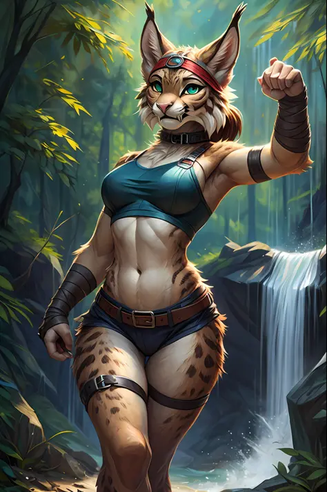 uploaded on e621, by Pixelsketcher, by Bayard Wu, by Thomas Benjamin Kennington , by Einshelm, (realistic:1.2),  real life, shadow, jade the bobcat, lynx, female, furry anthro, cat ears, red headband, pink nose, (detailed clear aqua eyes),  fangs, beige br...