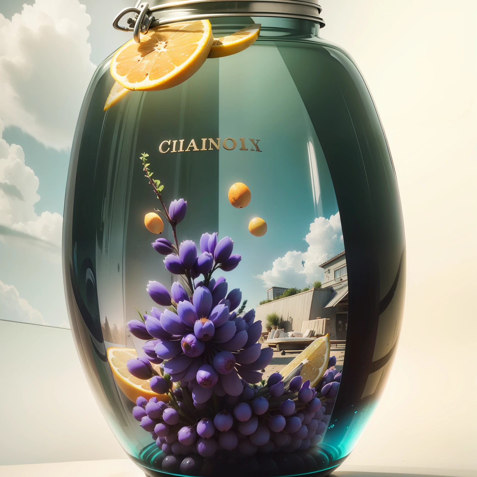 There is a jar with a bunch of grapefruit, photorealistic octane rendering, cinema 4d color rendering, photorealistic photorealistic rendering, realistic octane 3d rendering, realistic movie 4d rendering, cinema 4d rendering, cinema 4d rendering, cinema 4d rendering, realistic detail pictures, beautiful realistic images, realistic 3d octane rendering, ribbon background