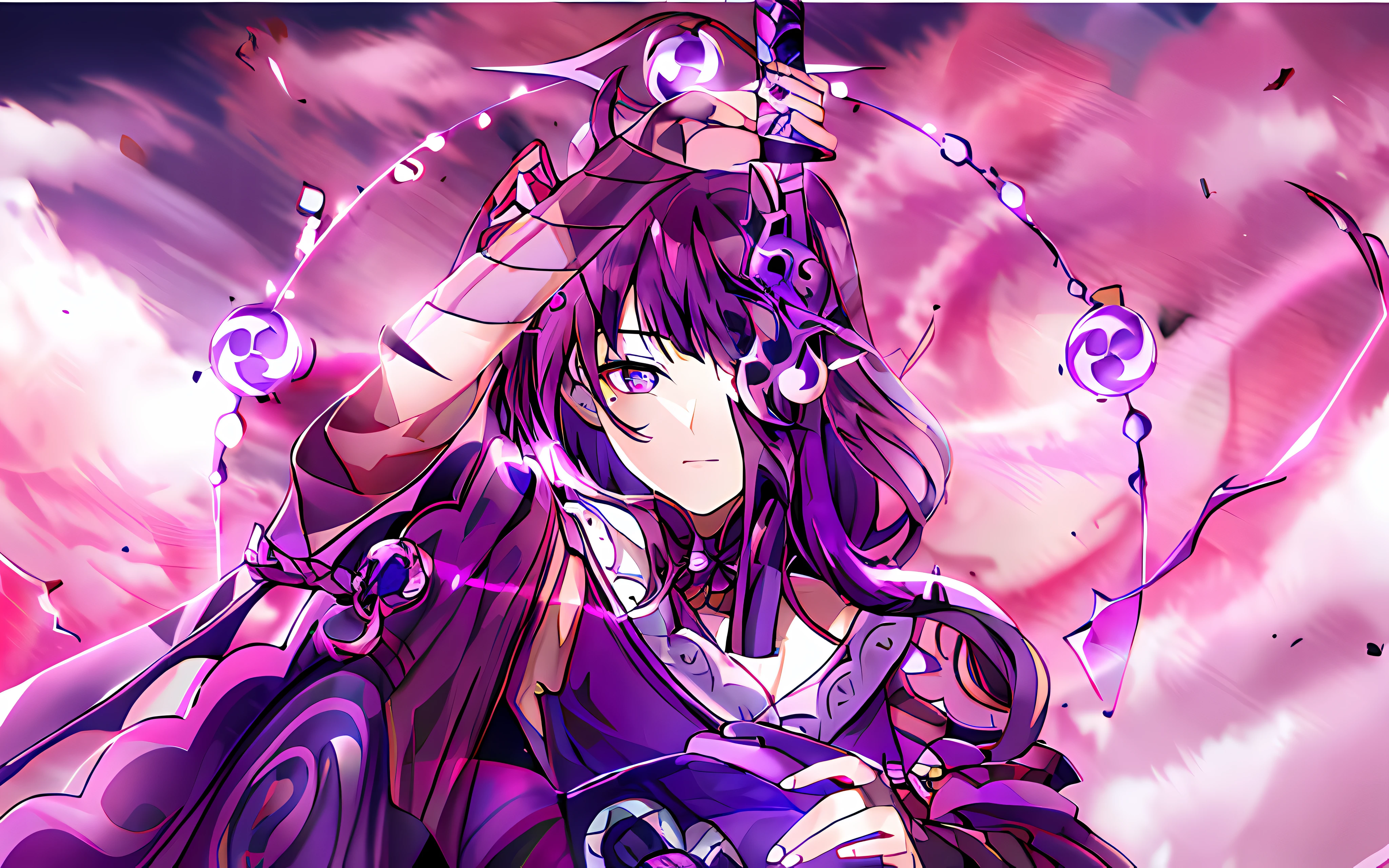 Anime girl with purple hair and purple dress holding a purple object -  SeaArt AI