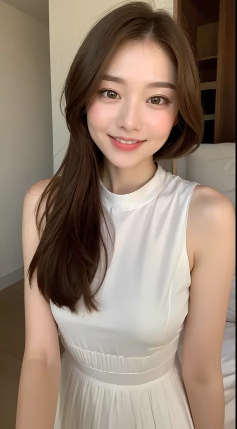 ((Best Quality, 8K, Masterpiece: 1.3)), 1 Girl, Slim Abs Beauty: 1.3, (Hairstyle Brown Hair Shortcut, Big: 1.2), Dress: 1.1, Super Slender Face, Delicate Eyes, Double Eyelids, Smile, Home, Raw Photo