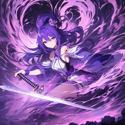 anime girl with purple hair and purple background before katana, 4k anime wallpaper, full body, 1girl, (face, open eyes: 1.5), m...