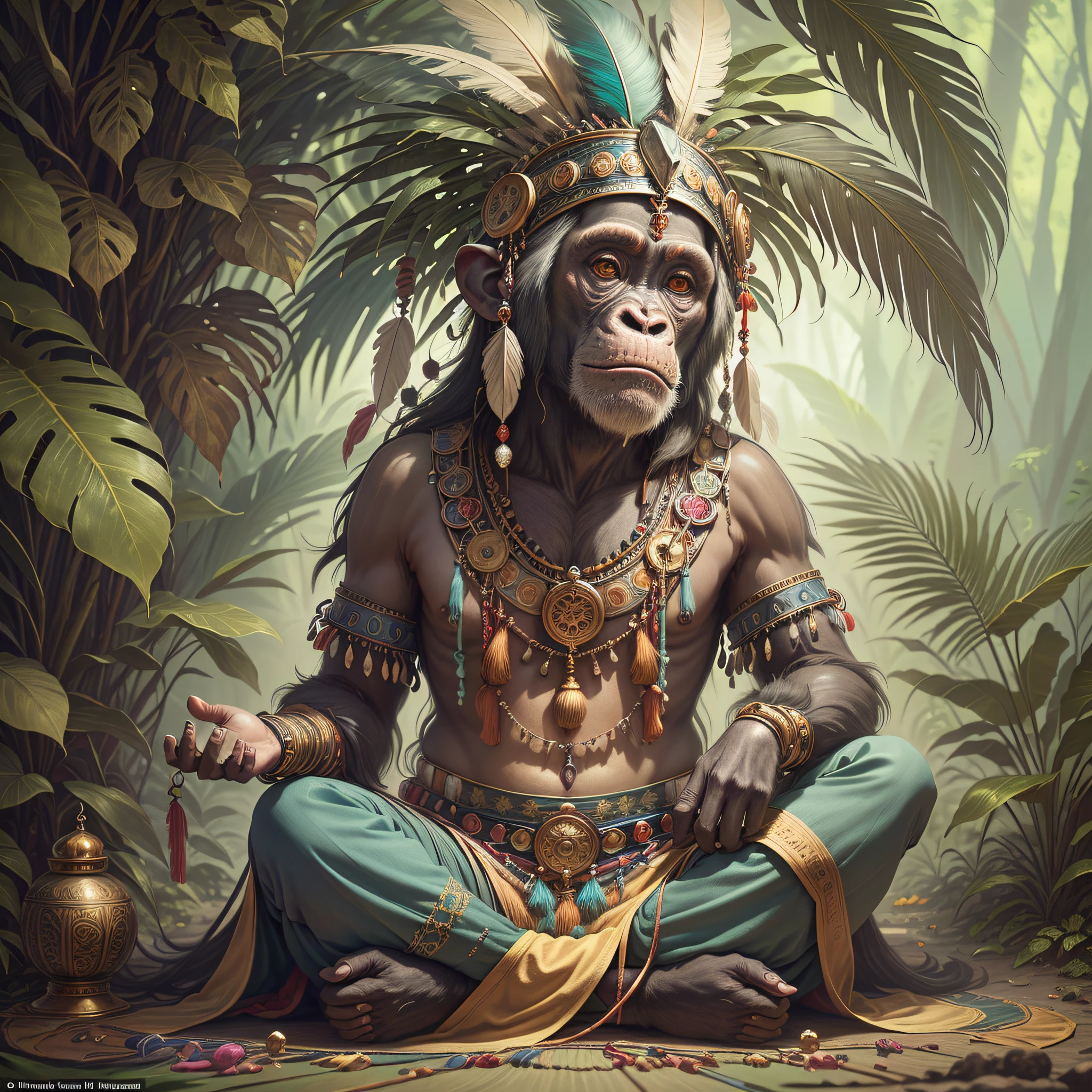 Chimpanzee with headdress ((Shaman)),((meditative state),,Shaman, elegant chimpanzee, hair with details, with Indian headdress on head, ((meditating)) many colorful feathers, colorful feathers, facing the camera, detail: dense tropical foliage, highly detailed intricate, ((masterpiece)), ultra hyperrealistic, masterpiece