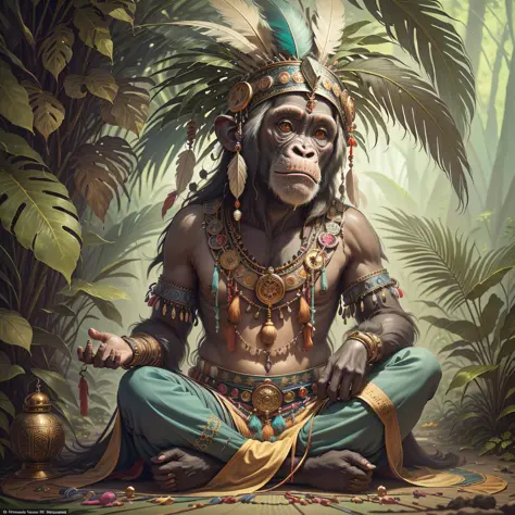 Chimpanzee with headdress ((Shaman)),((meditative state),,Shaman, elegant chimpanzee, hair with details, with Indian headdress o...