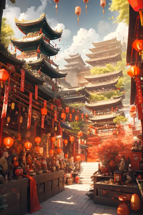 loft architecture, east asian architecture, landscape, lantern, pagoda,swastika character, outdoor, sky, paper lantern, cloud, b...