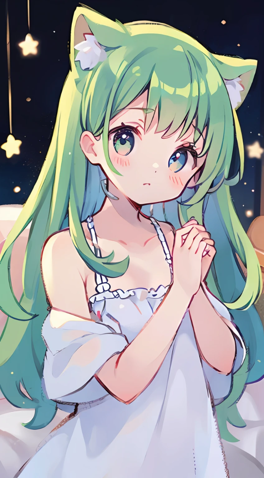 Top quality, masterpiece, super high resolution, pretty facial features, flat design, yellow theme,
One girl, light beige hair, indigo eyes, (sleepy eyes: 1.1), (cute yellow night dress), cute, one hand on face, bedtime, disheveled long hair, green hair, cat ears
(simple dark background), giant stars shining in the dark, bedroom, cure, ziyu,