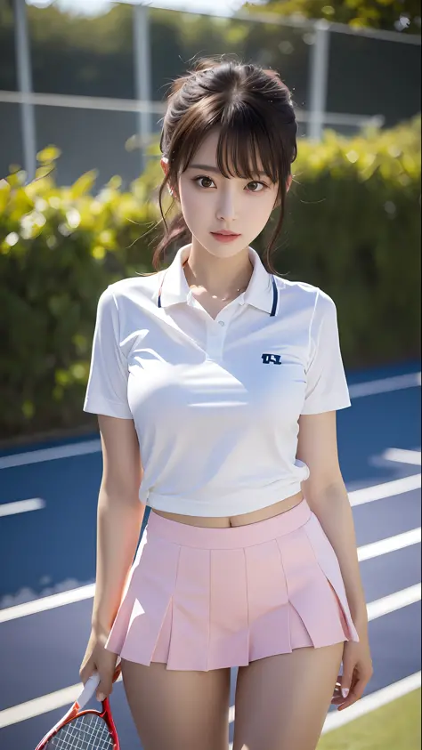 1 girl, solo, white polo shirt, white sneakers, pink tennis wear: 1.3, white mini skirt, masterpiece, top quality, realistic, hy...
