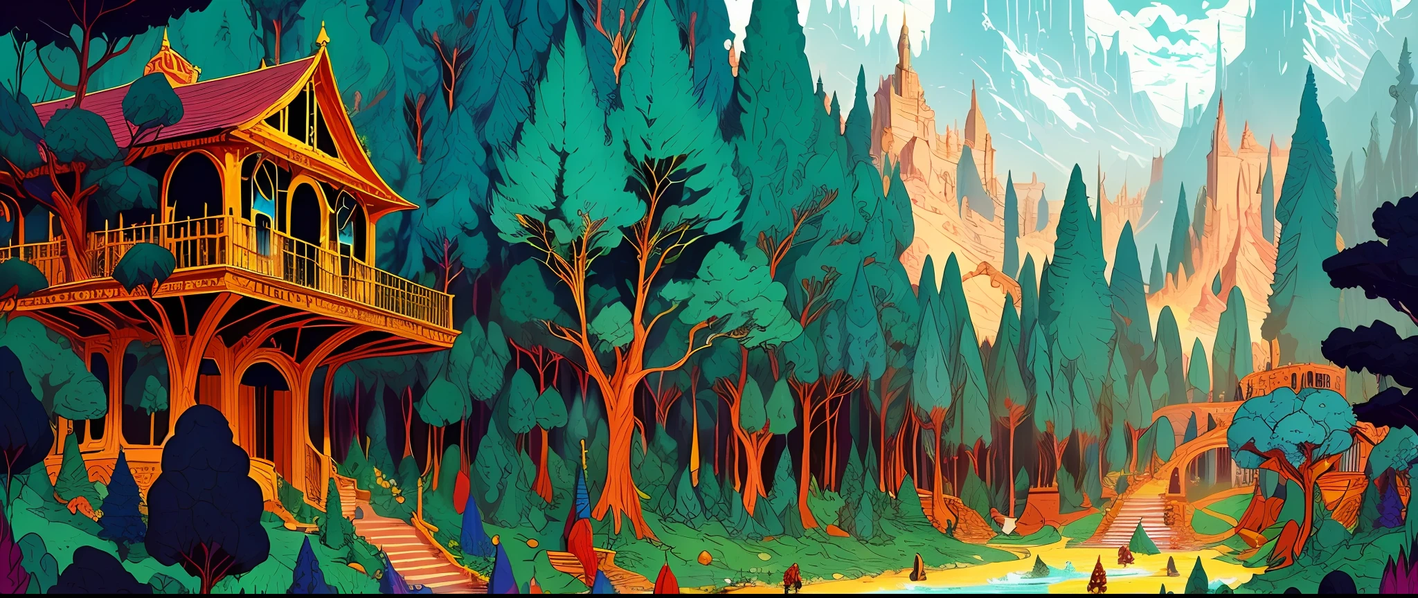 Magical forests, tree houses, creeks, boulders, mountains, underground multi-storeys, by Kilian Eng