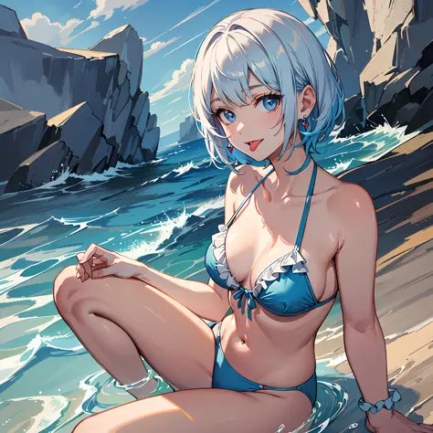 (((Masterpiece)))), ((Best Quality))), Hi-Res, On Thighs, Standing, Sitting, (Cute One Girl))), Solo, White Skin, Small, Eight-headed, (Light Blue Hair), ((Short Hair)), (Straight Bangs)), Beautiful Hair, Blue Eyes, Beautiful Eyes in Detail, (((Tongue)), R...