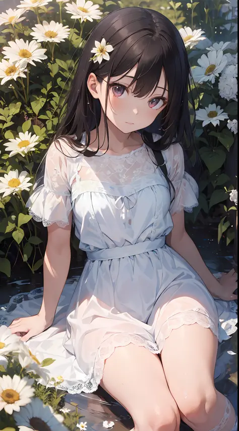 (masterpiece, best quality:1.6), white lace dress, cowboy shot, thighs, beautiful girl, (flowers, many small white petals:1.3), garden, blue sky, looking at viewer, small waist, official art, raw photo, incredibly absurdres, facelight, dynamic lighting, ci...