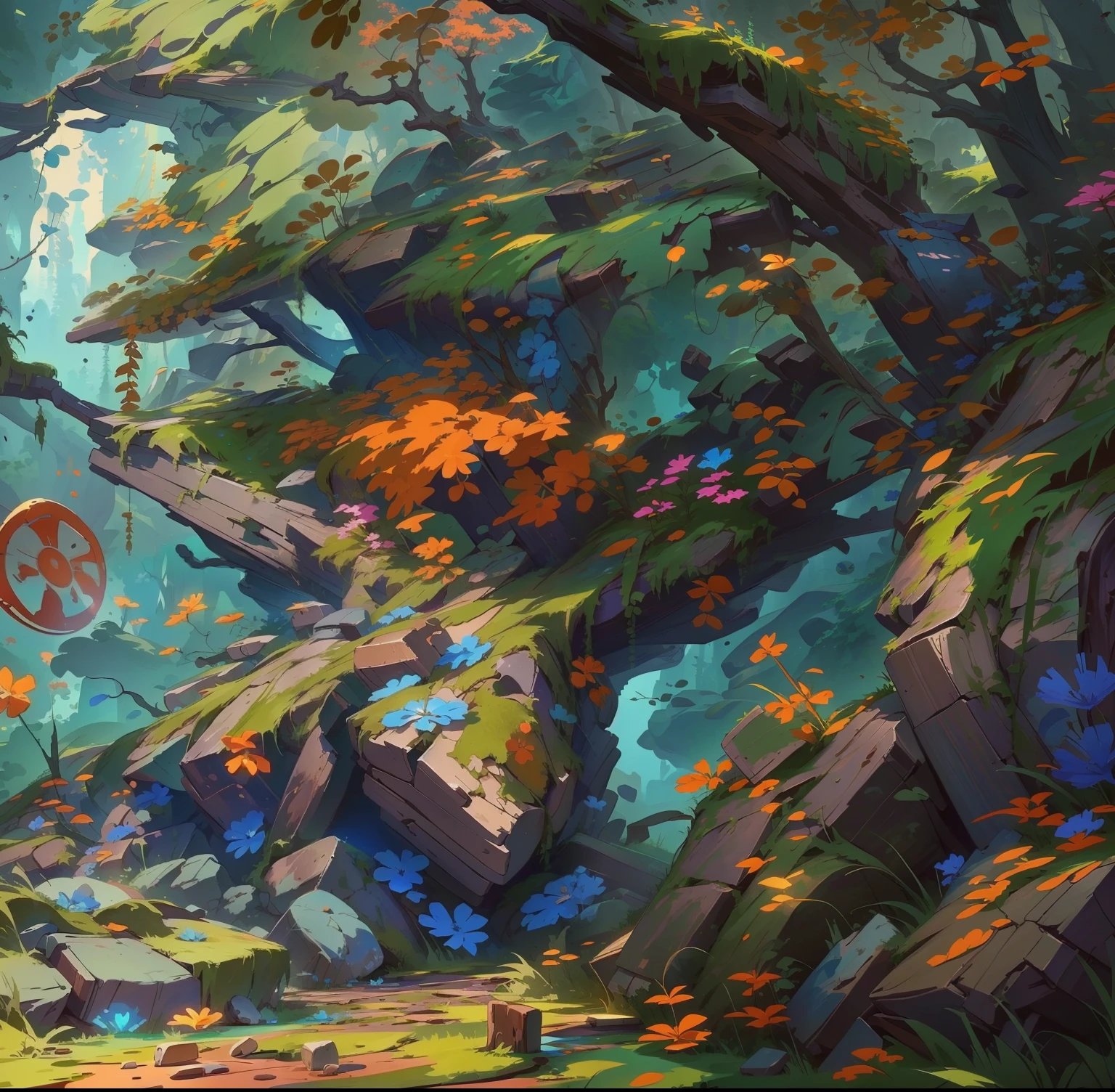 There is a picture of deep in the woods, detailed big tree trunk, trunk texture and moss, drawn as game concept art, background art, background artwork, 2D game environment design, 2D game art background, drawn in anime painter studio, stylized concept art, anime background art, independent game concept art, colorful concept art, landscape game concept art, digital painting concept art